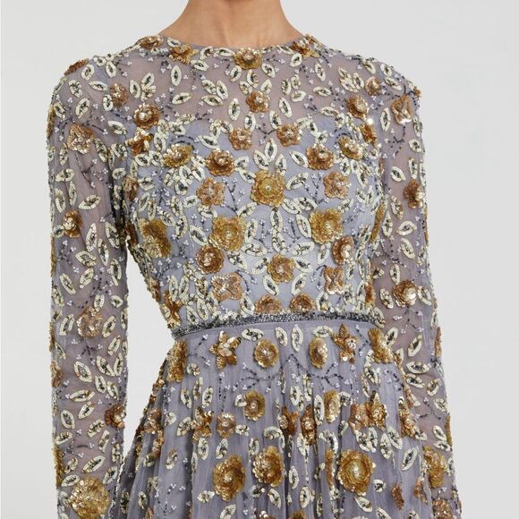 Mac Duggal 5533 Platinum Embellished High Neck Long Sleeve A Line Gown Dress - Picture 3 of 13